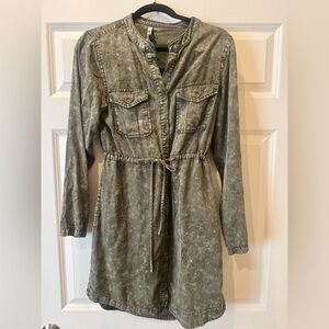 Washed Olive Utility Shirt Dress with Drawstring Waist